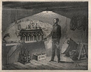 Home Electricite: Installation of the battery invented by Radiguet in a cellar - Engraving In “La Science francaise” av Unknown artist