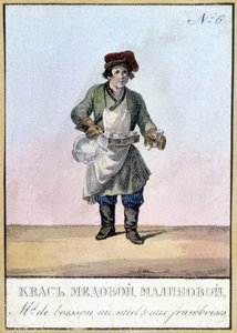 Drikkehandler med honning og bringebær i Russland på 1800-tallet. Illustrasjon av 1800-tallet. av Unknown artist