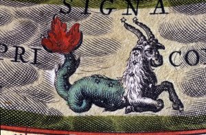 Horoskop: dyrekretsens tegn, Steinbukken. 1500-talls gravering. av Unknown artist