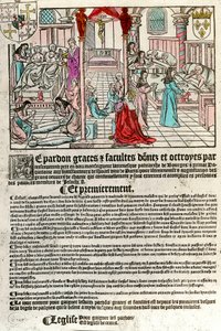 Sykehus på 1500-tallet: Avlatsbrev (Til høyre: en sykehusscene. Agauche: døende og død). Gravering fra 1500-tallet. Privat samling. av Unknown artist