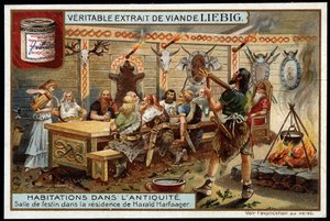 Hus i antikken: festlokale i residensen til Harald I Harfager (850-933) dit Belle Chevelure, konge av Norge - Liebig-kromolitografi av Unknown artist