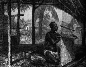 Human Zoo: vever myknet Gabon på verdensutstillingen i 1889. Gravering i "" Le Journal de la jeunesse"" av Unknown artist