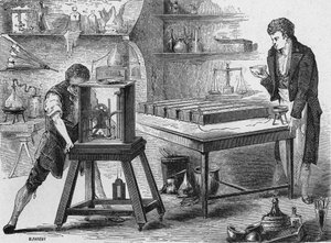 Humphry Davy bryter ned alkaliene ved hjelp av det elektriske batteriet. I "Album de la Science", Éditions Jouvet av Unknown artist