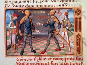 Hundreårskrig: «Etienne de Vignoles eller Vignolles dit La Hire (Lahire) (1390-1443) og Jean Poton, herre av Xaintrailles (eller Saintrailles) (v. 1400 til 1461), følgesvenner av Jeanne d'Arc, blir gjort til kapteiner ”” Belyst miniatyr fra manuskripte av Unknown artist