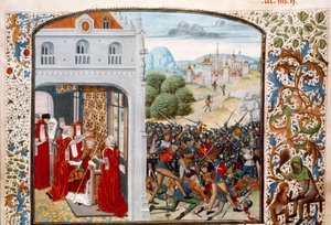 Hundreårskrig: "" Pave Gregoire XI (1329-1378) kronet Avignon i 1370. Slaget ved Pontvallain mellom fransk og engelsk 4.12.1370"" Miniatyr fra "Chronicles"" av Jean Froissart (1337-1400) Paris fra 1400-tallet. B.N. av Unknown artist
