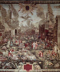 Ungarns erobring: "" Østerrikerne tar Buda tilbake fra de osmanske tyrkerne 02.09.1686"" Buda er en del av dagens Budapest. Krigsherrene er Karl V av Lorraine og Miksa Emanuel II. Voldsscener, boligbranner. Detalj av et billedvev. 17. e.kr av Unknown artist