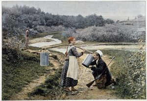 Jeger og jente ved fontenen (Russland) - fotografering, sent på 1800-tallet av Unknown artist