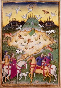 Jaktscene med hauker Miniatyr fra "" Behandle falkejakt og venerier med mottoet og emblemet til hertugen av Sforza" 1459 (ms. 1375) Chantilly, Musee Conde av Unknown artist