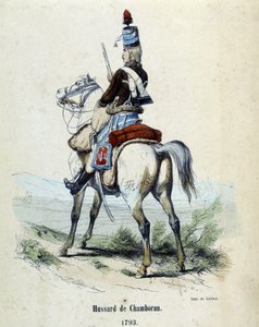 Hussard de Chamborant a 1793 til hest. av Unknown artist