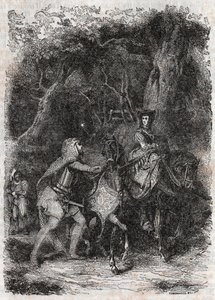 Hypalca Arreted by Rodomont - 1851 gravering fra "" Furious Roland"" (Orlando furioso) (1500-tallet) av Ludovico Ariosto, kjent som Ariosto - Utgave oversatt fra italiensk av greven av Tressan og utgitt av Gustave Harvard 1851 av Unknown artist