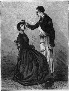 Hypnotism phenomena: Hypnotism produced by fixing a pencil holder places between the eyes. Engraving from 1881. av Unknown artist