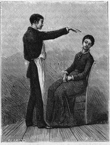 Hypnotism phenomena: hypnotism is produced by suddenly extending the hand in front of the patient. Engraving from 1881. av Unknown artist