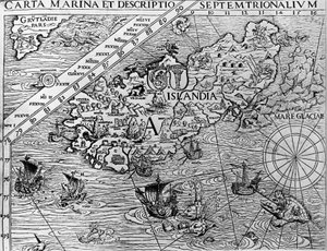 Island, rundt 1539, detalj fra Carta marina av den svenske erkebiskopen, Olaus Magnus (1490-1557) av Unknown artist