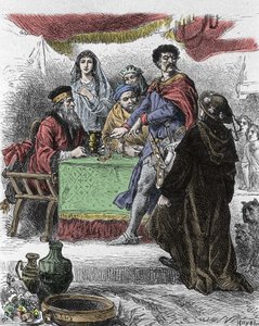 Illustrasjon for «Ivanhoe» av Walter Scott (1771-1832), skotsk forfatter: Ivanhoe blir utfordret av den saksiske ridder Brian de Bois Guilbert. av Unknown artist