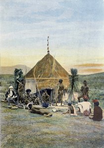 Illustrasjon av en telegrafleir nær Uarai i Ny-Caledonia. av Unknown artist