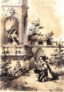 Illustrasjon av sangen "The King made the drum beat"": en mann som erklærte sin kjærlighet til en kvinne ved vinduet hans. sd. av Unknown artist