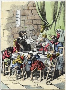 Illustrasjon av eventyret "Den forferdelige Raminagrobis og musene""" tegner fabler av Jean de la Fontaine. I "" Fortellinger fra hjemmet for de minste"". Anonym gravering fra 1800-tallet. av Unknown artist