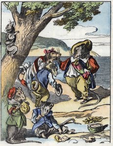 Illustrasjon av eventyret "Den forferdelige Raminagrobis og musene""" tegner fabler av Jean de la Fontaine. I "" Fortellinger fra hjemmet for de minste"". Anonym gravering fra 1800-tallet. av Unknown artist