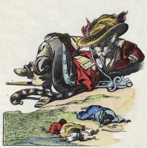 Illustrasjon av eventyret "Den forferdelige Raminagrobis og musene""" tegner fabler av Jean de la Fontaine. I "" Fortellinger fra hjemmet for de minste"". Anonym gravering fra 1800-tallet. av Unknown artist