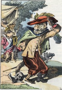 Illustrasjon av eventyret "Den forferdelige Raminagrobis og musene""" tegner fabler av Jean de la Fontaine. I "" Fortellinger fra hjemmet for de minste"". Anonym gravering fra 1800-tallet. av Unknown artist