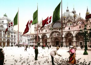 Illustrasjon som representerer Markusplassen i Venezia. Fotokrom fra slutten av 1800-tallet. av Unknown artist