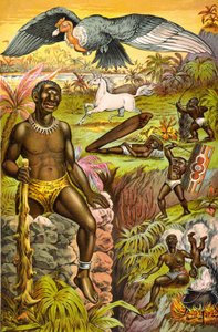 Illustration with imaginary monsters from Africa entitled “” African superstitions illustrated”” (cyclops, unicorn...), circa 1889. av Unknown artist