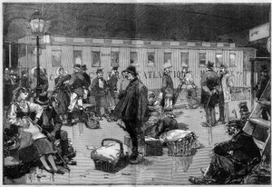 Immigration. Departing of emigrants in Europe to the United States of America: Special wagon of the General Transatlantic company going from the borders of Germany and Switzerland to Havre where passengers will board for New York. Engraving in “” Le Monde  av Unknown artist