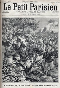I de franske koloniene: marsj av kolonnen til general Joseph Joffre (1852-1931) og hans hær av spahis på Timbuktu (Mali). Gravering i "" Le Parisien"" av Unknown artist