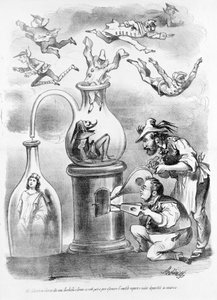 I alkymi-laboratoriet til medarbeiderne Garibaldi e Cavour ser vi gradvis spre den unødvendige dampen (representert av maskene i de italienske regionene), og forbli substansen (Italia) karikaturen til den satiriske avisen Il Fischietto av Unknown artist