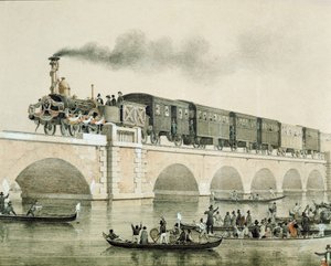 Innvielse av broen over lagunen i Venezia for å forbinde byen med kontinentet (litografi av Unknown artist