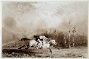 Indian of America: "" En hest i galopp og bærer en mann bundet opp"" Anonym tegning. La Rochelle fra 1800-tallet, Musee du Nouveau Monde av Unknown artist