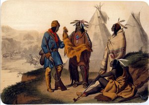 Indians of America: en fangstmann som bytter med røde skinn, de bytter beteskinn, en av indianerne røyker en blekksprut. Litografi fra 1800-tallet La Rochelle, Musee du Nouveau Monde av Unknown artist