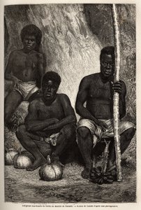 Indigenes frukthandler, på markedet i Noumea (Ny-Caledonia). Gravering for å illustrere reisen til Ny-Caledonia fra 1863 til 1866, av Jules Garnier, sivilingeniør for gruver, i "Le tour du monde, nouveau journal des voyages" publisert under dire av Unknown artist