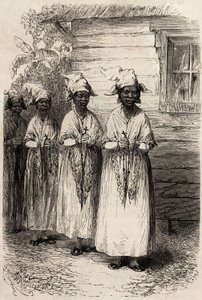 Urfolkskvinner i Guyana, ved den katolske prosesjonen til Fete Dieu. Gravering for å illustrere reisen i Fransk Guyana i 1862-1863, av Frederic Bouyer, kaptein på fregatt, i "" Le tour du monde, nouveau journal des voyages", utgitt under dir. av Unknown artist