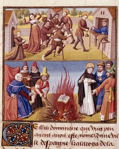 Inkvisisjonen "" Autodafe presiderer av Saint Dominique de Guzman (1170-1221), grunnleggeren av den dominikanske orden, bevis for ilden fra den kjetterske boken og den ortodokse boken"" Miniatyr i "" Le miroir historial"" (Speculum Historiale) ( ms. 1196,  av Unknown artist