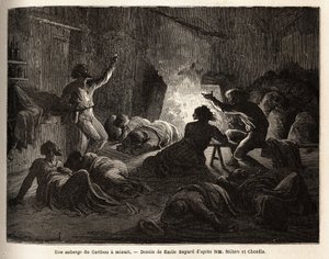 Inne i et Caribou Inn (Canada), ved midnatt, synger berusede fangstmenn og gruvearbeidere, og faller så til bakken eller sovner i et teppe. Gravering for å illustrere reisen fra Atlanterhavet til Stillehavet (route du nord ouest par les terres), i 1862-186 av Unknown artist