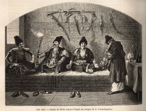 Inne på en tatarisk kafé i Schoucha (Transkaukasia, Russland), hvor menn møtes for å drikke te og røyke shisha. Gravering for å illustrere reisen i provinsene i Kaukasus, av Basile Vereschaguine, i 1864-1865, publisert i "" le tour du monde"", under av Unknown artist
