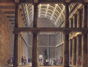 Interiør av Parthenon - Statue av gudinnen Athena (Minerva) inne i Parthenon i Athen, antikkens Hellas - Gravering rundt 1820 av Unknown artist