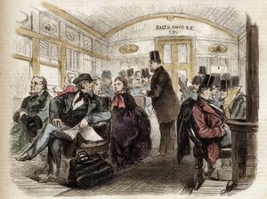 Interiør av en vogn på Baltimore & Ohio Railroad, USA - 1861 - interiør av en amerikansk vogn i 1860 av Unknown artist