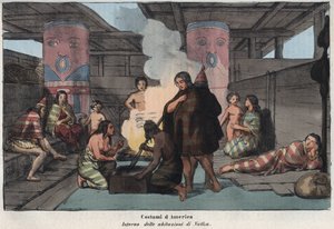 Interior of a large communal house in Nootka Sound, with villagers smoking and drying fish, sleeping and caring for children - (Nootka Island) - “” Interieur d