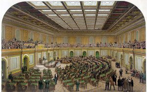 Interior view of the House of Representatives of US Capitol showing the Congress in session and the spectators in the gallery - Engraving 1866. av Unknown artist