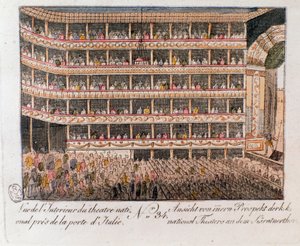 Innvendig utsikt over nasjonalteatret nær den italienske porten i Wien, Østerrike. (Interiørbilde av Nationaltheatret, Wien, Østerrike) Graveringen av privatsamlingen fra 1815 av Unknown artist