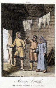 Mellommann prute en ung jente til et bryllup Ostiak (Khanty eller Khante) (paleosibirsk jegerstamme etablert i skogsområdet i den midtre Ob-dalen). av Unknown artist
