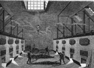 Innvendig visning av en gassfabrikk. Gravering fra 1860-1861. av Unknown artist