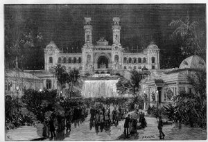 International Exhibition of Nice: the palace of the exhibition light with electric light. Engraving in “” Le Monde Illustré”” av Unknown artist