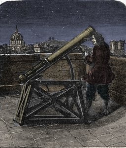 Isaac Newton (1642-1727) engelsk fysiker som bruker teleskopet sitt. av Unknown artist