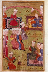 Islamsk kunst: bankett i nærvær av sultanen med musikere. Miniatyr av et manuskript fra 1500-tallet Venezia Biblioteca Marciana av Unknown artist