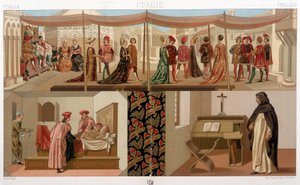 Italienske kostymer fra 1400-tallet. I "" Den historiske drakten"" av A. Racinet av Unknown artist