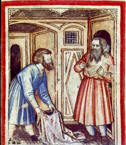 Jakob får vite om døden til sønnen Joseph, solgt av brødrene hans til egypternes miniatyr fra codex 212 (eller padovano codice eller Bible of Padua) 1390-1400 Rovigo, Accademia dei Concordi av Unknown artist
