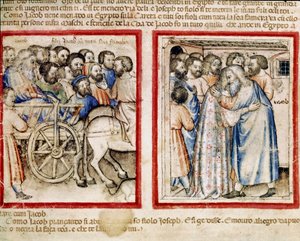 Jakobs avgang til Egypt og hans gjenforening med sønnen Joseph Miniature fra codex 212 (eller padovano codice eller Bible of Padua) 1390-1400 Rovigo, Accademia dei Concordi av Unknown artist